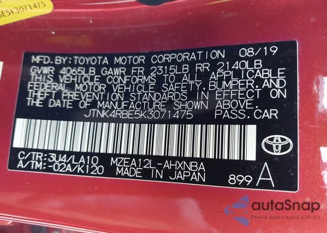 2019 Toyota Corolla Xse from USA, damaged, VIN JTNK4RBE5K3071475